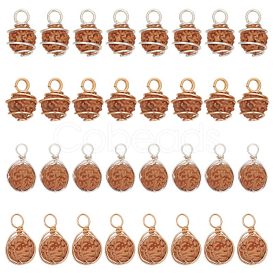 HOBBIESAY 40Pcs 4 Styles Natural Rudraksha Copper Wire Wrapped Pendants FIND-HY0003-33-1