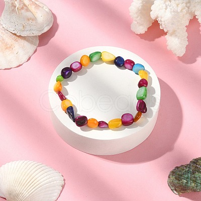 Dyed Natural Shell Nugget Beaded Stretch Bracelet for Women BJEW-JB09383-01-1