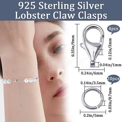 Beebeecraft 4Pcs 925 Sterling Silver Lobster Claw Clasps & 20Pcs Open Jump Rings STER-BBC0006-23-1