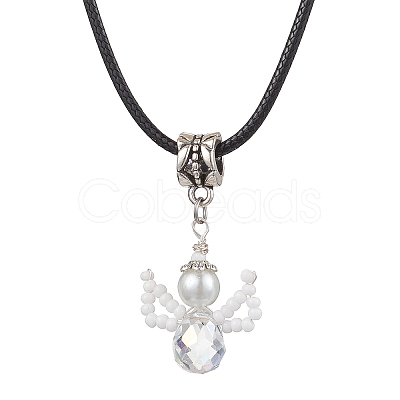 Glass Seed Beads & Glass Pearl Angel Pendant Necklaces NJEW-MZ00056-1