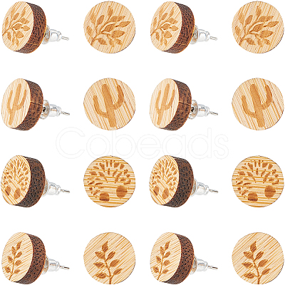 SUNNYCLUE 8 Pairs 4 style Natural Wood Flat Round Stud Earrings EJEW-SC0001-47-1