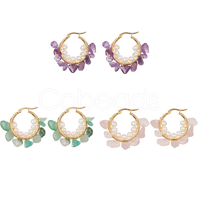 Natural Mixed Gemstone Chips & Pearl Beaded Hoop Earrings EJEW-JE05290-1