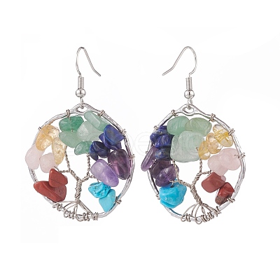 Natural & Synthetic Mixed Gemstone Chips Braided Ring with Tree of Life Dangle Earrings EJEW-JE04881-01-1