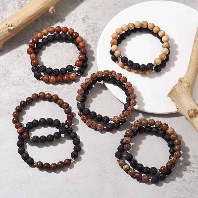 Natural Lava Rock & Wooden Round Beaded Stretch Bracelet BJEW-JB10075-1