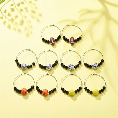 Sport Theme Acrylic Round Beaded Hoop Earrings EJEW-JE04977-1