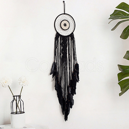 Iron Woven Web/Net with Feather Pendant Decorations DARK-PW0001-094-1