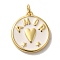 Brass Enamel Pendants, with Jump Ring, Real 18K Gold Plated, Cadmium Free & Lead Free, Flat Round with Heart & Word Amor Charm, White, 20.5x18x2.5mm, Hole: 3mm