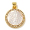 Rack Plating Brass Micro Pave Clear Cubic Zirconia Flat Round Pendants, Carved Natural White Shell Charms, Golden, Virgin, 22.5x19x3.5mm, Hole: 5X2.5mm