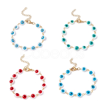 Natural Shell Flat Round with Evil Eye Link Chain Bracelet with Enamel BJEW-C015-21G-1