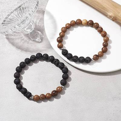 Natural Lava Rock & Wooden Round Beaded Stretch Bracelet BJEW-JB10075-01-1