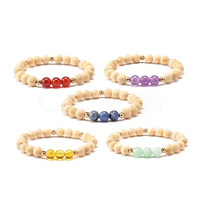 Natural Wood Round Beads Stretch Bracelet BJEW-JB07278-1