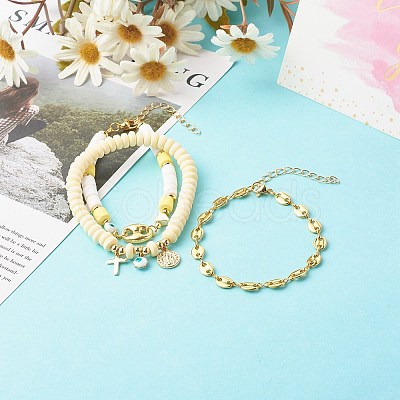 5Pcs 5 Style Handmade Polymer Clay Stretch & Brass Beaded & Alloy Link Chain Bracelets Set BJEW-SZ0001-66B-1