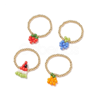 4Pcs 4 Style Strawberry & Orange & Watermelon & Grape Pattern Glass & Brass Braided Bead Finger Ring for Women RJEW-TA00047-1