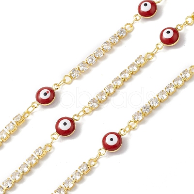 Brass Enamel Evil Eye Link Chains with Cubic Zirconia CHS-P016-36G-02-1