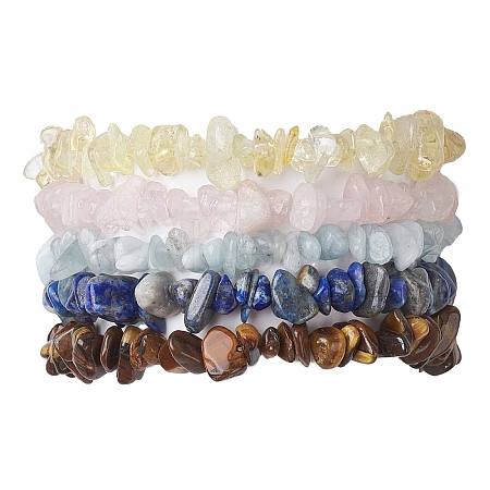 12 Constellation Natural Mixed Gemstone Chip Beaded Stretch Bracelets Sets for Women Men BJEW-JB10264-04-1