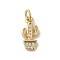 Real 18K Gold Plated Brass Pave Cubic Zirconia Pendants, with Jump Rings, Cactus, Clear, 14x6.5x2.5mm, Hole: 3mm