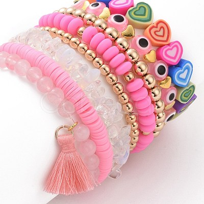 8Pcs Love Theme Natural Rose Quartz & Synthetic Hematite & Opalite Tassel Charm Bracelet Sets BJEW-JB08947-1