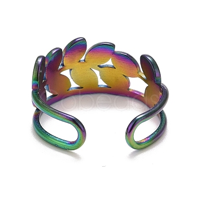 Rainbow Color Ion Plating(IP) 304 Stainless Steel Leaf Wrap Open Cuff Ring for Women RJEW-A005-10-1