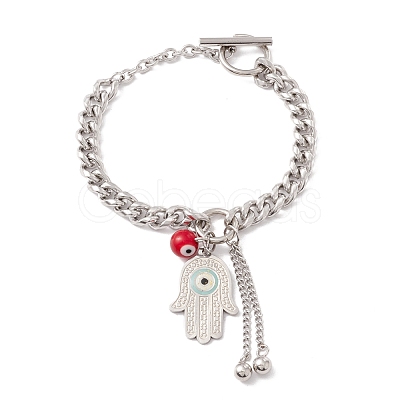 Round Lampwork & Hamsa Hand with Evil Eye Charm Bracelet with 304 Stainless Steel Chain for Women STAS-P304-17P-1