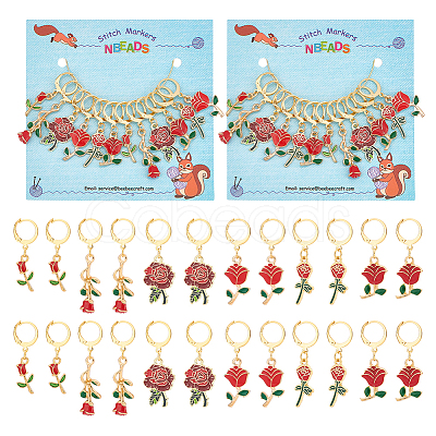 12Pcs 6 Style Valentine's Day Theme Alloy Enamel Rose Flower Charms Locking Stitch Markers HJEW-PH01624-1