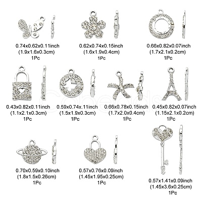 10Pcs 10 Style Platinum Tone Alloy Rhinestone Pendants ALRI-YW0001-13-1