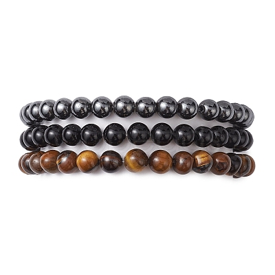 3Pcs 3 Style Natural & Synthetic Mixed Stone Round Beaded Stretch Bracelets BJEW-JB10178-02-1