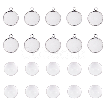 304 Stainless Steel Pendant Cabochon Settings and Clear Half Round Glass Cabochon STAS-X0017-12P-16mm-1