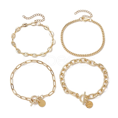 4Pcs 4 Styles 304 Stainless Steel & Brass Chain Bracelets BJEW-JB11022-1