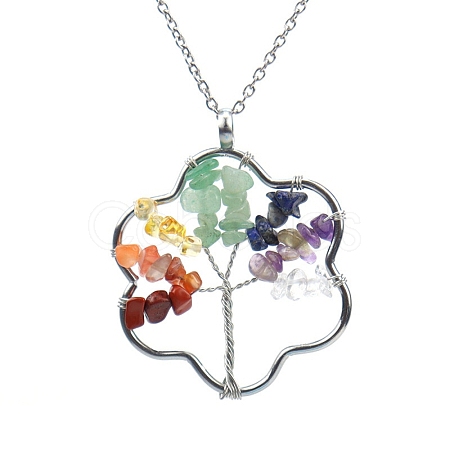 Natural Mixed Stone Chips Beaded Flower with Tree Pendant Necklaces PW-WG84484-01-1