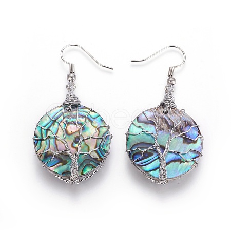 Abalone Shell/Paua Shell Flat Round with Tree of Life Dangle Earrings EJEW-SZ0001-67A-1