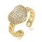 Rack Plating Brass Micro Pave Cubic Zirconia Open Cuff Rings, Real 18K Gold Plated, Heart, Adjustable