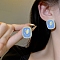 Alloy Enamel Stud Earring, with Sterling Silver Pin and Plastic Bead, Rectangle, Deep Sky Blue, 22mm