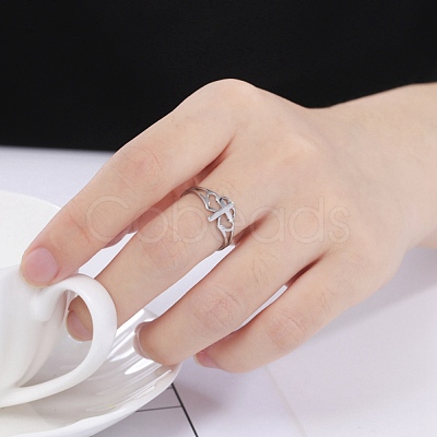 Non-Tarnish Double Heart with Cross 304 Stainless Steel Adjustable Ring for Women RJEW-B035-06P-1