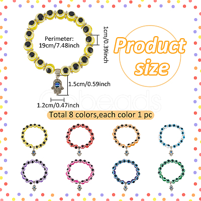 ANATTASOUL 6Pcs 6 Colors Evil Eye Resin Beaded Stretch Bracelets Set with Hamsa Hand Charms BJEW-AN0001-66-1