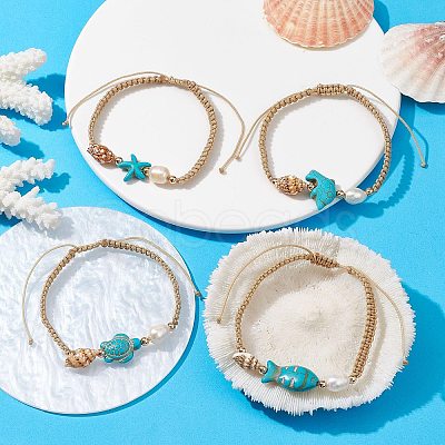 Natural Shell & Pearl & Synthetic Turquoise Braided Bead Bracelets BJEW-JB09914-1