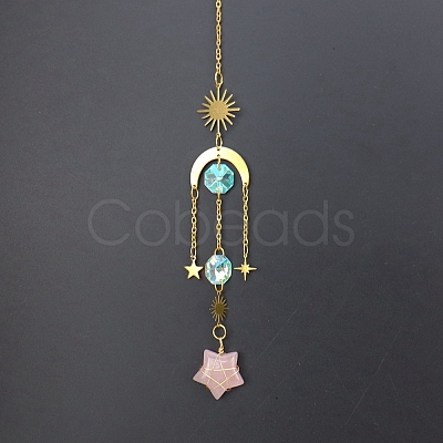 Natural Rose Quartz Star Sun Catcher Hanging Ornaments with Brass Sun HJEW-PW0002-13C-1