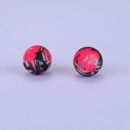 Printed Round with Flower Pattern Silicone Focal Beads SI-JX0056A-209-1