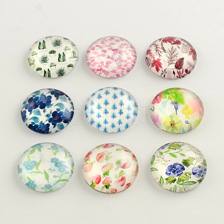 Half Round/Dome Floral Pattern Glass Flatback Cabochons for DIY Projects X-GGLA-Q037-12mm-M49-1