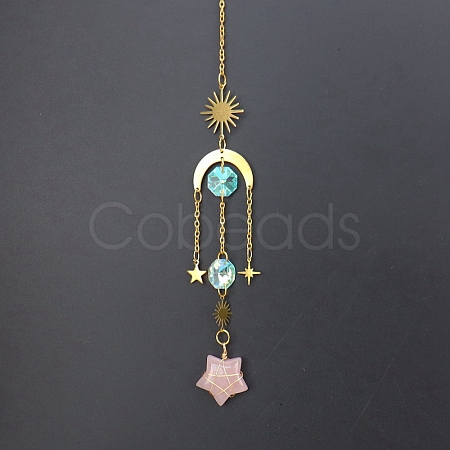 Natural Rose Quartz Star Sun Catcher Hanging Ornaments with Brass Sun HJEW-PW0002-13C-1