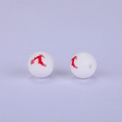 Printed Round with Deer Pattern Silicone Focal Beads SI-JX0056A-131-1