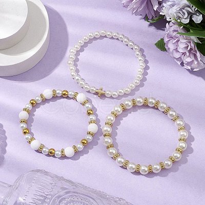 3Pcs 3 Style CCB Imitation Pearl White Jade Beads Bracelets Sets BJEW-JB11055-1