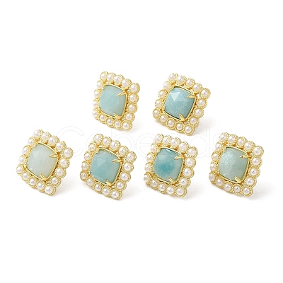 Ion Plating(IP) Natural Amazonite Square Stud Earrings with Plastic Pearl Beaded EJEW-E599-03G-01-1