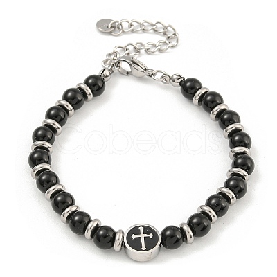 304 Stainless Steel & Glass Round Beaded Bracelets for Women BJEW-G717-11-1