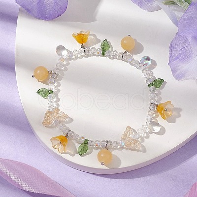 Dyed Natural Topaz Jade & Glass Beaded Stretch Bracelet with Flower Charms BJEW-JB10176-03-1