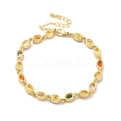 Enamel Evil Eye & Glass Oval Link Chain Bracelet BJEW-G663-01G-01-1