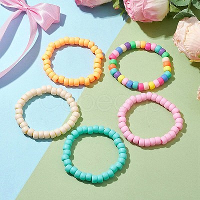 5Pcs 5 Colors Rondelle Opaque & Frosted Acrylic Beaded Stretch Bracelet Sets BJEW-JB10305-1