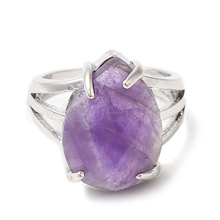 Natural Amethyst Teardrop Adjustable Rings RJEW-K241-03P-15-1