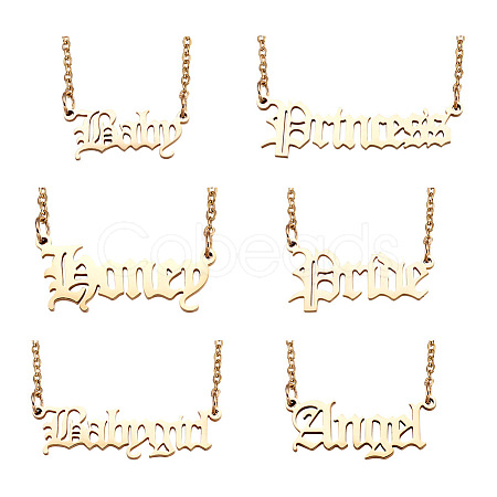 Sparkeads 6Pcs 6 Style 304 Stainless Steel Word Pendant Necklace NJEW-KS0001-06G-1