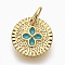 Brass Enamel Charms, Lead Free & Cadmium Free, Flat Round with Flower, Dark Turquoise, Golden, 10x1.5mm, Hole: 3mm