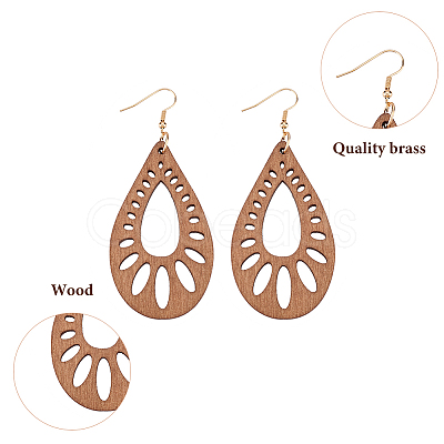 ANATTASOUL 2 Pairs 2 Style Natural Wood Hollow Out Teardrop Dangle Earrings EJEW-AN0001-54-1